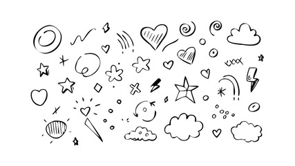 Doodle sketch vector art with heart star cloud circle arrow and lightning bolt hand drawn elements graphic design