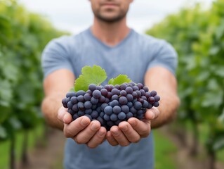 Male farmer holding a bunch of fresh grapes with green leaves in vineyard, surrounded by lush grapevines, showcasing agricultural produce and natural beauty