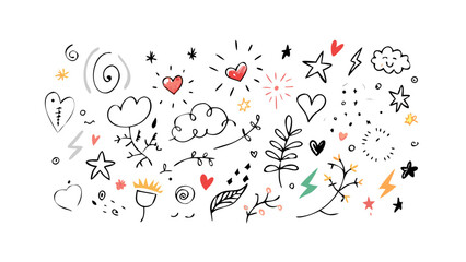 Doodle art with hearts stars clouds lightning bolts and leaves vector graphic design illustration art