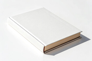 Single white hardcover book with tan pages on white surface