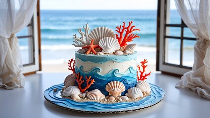 Ocean and marine life themed cake decorated with coral, seashells, white and blue creamy frosting 