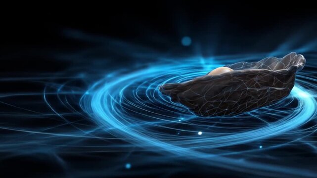 Glowing pearl inside shell with digital light effect on dark background