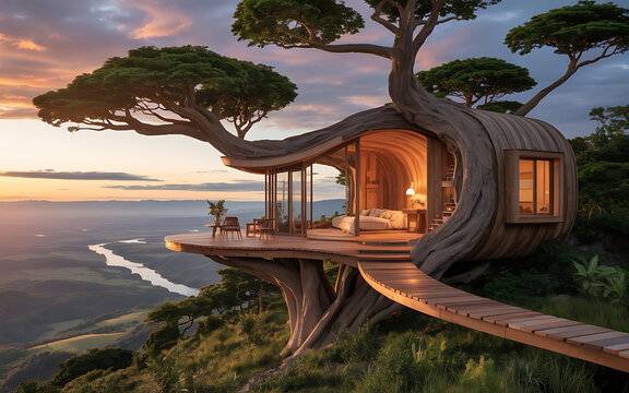 Fototapeta Spectacular Treehouse Retreat Perched on a Mountain Summit Connected by a Rope Bridge at Dusk Offering Serene Views