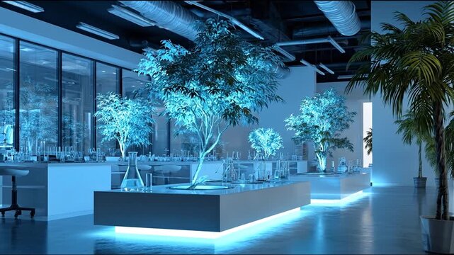 Modern scientific laboratory with innovative glowing blue plants, high-tech research facility interior design and sustainable biotechnology.