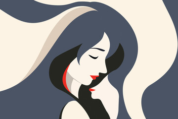 Abstract female portrait illustration with flowing hair and double face concept