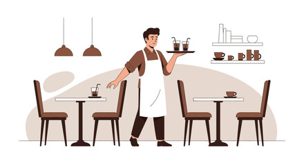 Fototapeta premium Cafe Waiter Balancing Drinks on Tray Amongst Cafe Furniture, Illustration Concept