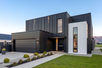 Fototapeta premium Modern black and white house design with sleek lines and minimalist features in a suburban setting during early evening light