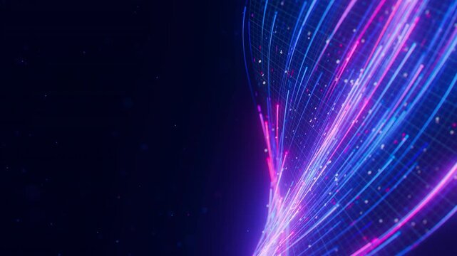 Closeup of Big data light speed warped flow. Abstract digital data stream of quantum computing. Cyberspace of qubit trail waves. Modern tech information transmission.