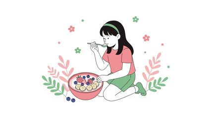 Cartoon Girl Enjoying Wholesome Breakfast with Berries and Bananas in a Bowl