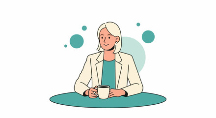 Cartoon drawing of a business woman with a coffe cup sitting at a table, smiling