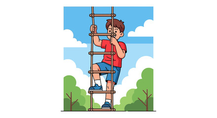 Cartoon illustration of a boy climbing a rope ladder in a park on a summer day