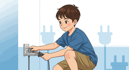 Cartoon illustration of a boy plugging a power cord into a wall outlet for electrical safety