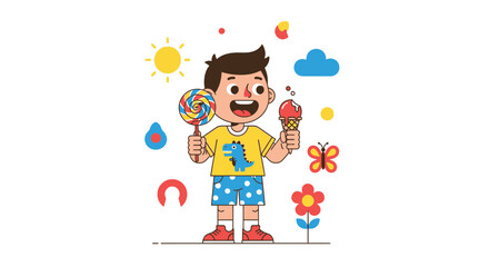 Cartoon illustration of a happy boy with lollipop and ice cream, ideal for kids design