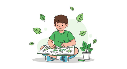 Cartoon Illustration of a Child Studying and Drawing Environment on Notebook