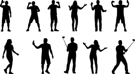 Silhouette people taking selfies with smartphones and selfie sticks in various poses, modern mobile photography and social media concept art
