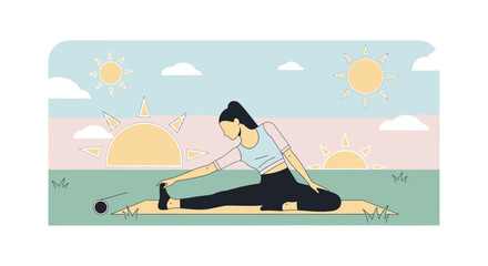 Cartoon illustration of a woman stretching outdoors on a yoga mat during sunrise