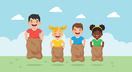 Cartoon illustration of kids having fun in a sack race competition in the park