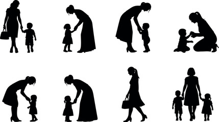 Silhouette scenes of adults interacting with children in various caring, guiding, and nurturing postures, perfect for parenting and education themes.