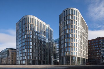 Obraz premium Modern office buildings with curved glass facades in a vibrant urban setting, showcasing contemporary architecture and clear blue sky