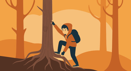 Cartoon image of a person climbing a tree in a forest, adventure time