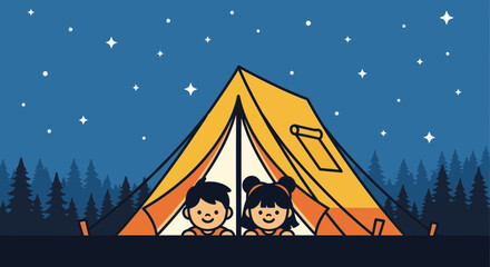 Cartoon illustration of two children camping at night under the stars in a tent