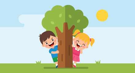 Cartoon image of two children playing hide and seek behind a tree in the park