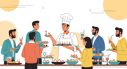 Catering Event Scene: People Serving Themselves At An Elegant Buffet, Food And Drinks Offering