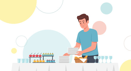 Catering Scenario: A Professional Male Presenting Plates, Ready To Serve Food Buffet