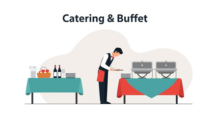 Catering Event Illustration Featuring Waiter Serving Food Buffet Tables Ready For Guests