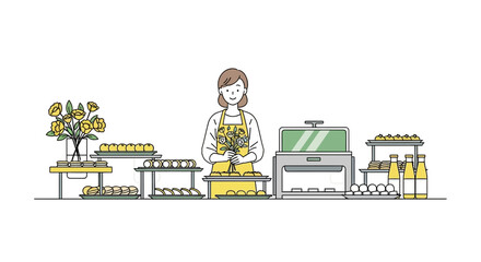 Catering Female Smiling And Serving Food At An Event With Floral Decorations