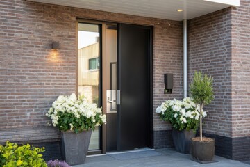 Modern entrance of a residential home showcasing beautiful white flowers and a sleek door design in a cozy neighborhood during daytime