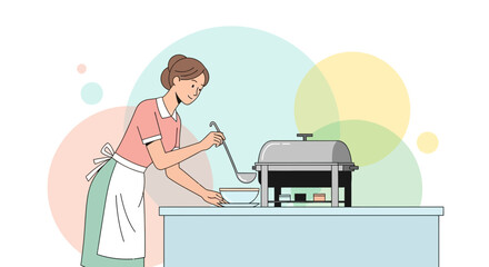 Catering Service Illustration With Woman Serving Food From Chafing Dish On Buffet Table