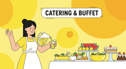 Catering Service Illustration Depicting Food Buffet Arrangement With Drinks And Server
