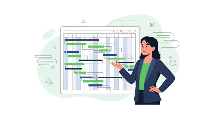 Businesswoman presenting a project plan on a screen in a modern flat vector style