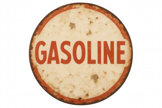 Vintage gasoline sign representing fueling, energy, and old-fashioned roadside stops, displaying weathered texture