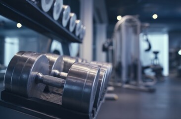 Fototapeta premium Gym dumbbells on rack, blurry background