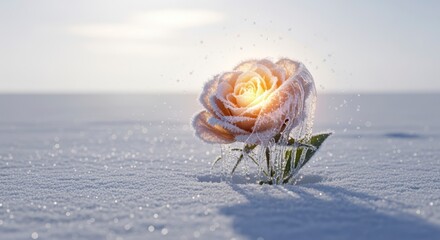 A delicate rose emerges from snowy ground, sparkling with frost, illuminated by soft sunlight, symbolizing beauty and resilience in a winter landscape.