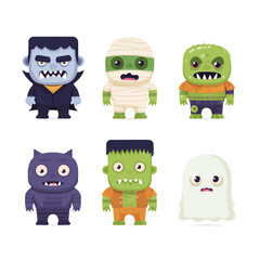 Obraz premium Set of flat vector Halloween monsters including vampire, mummy, zombie and ghost. Minimal style isolated on white.