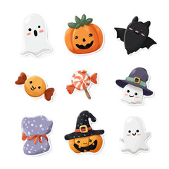 Fototapeta premium Halloween stickers pack in flat vector illustration style. Includes pumpkin, ghost, bat, candy and witch hat. Minimal style isolated on white.