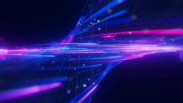 Closeup of Big data light speed warped flow. Abstract digital data stream of quantum computing. Cyberspace of qubit trail waves. Modern tech information transmission.