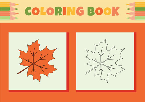 Coloring book page for kids with muple leaf on orange background. Line art coloring book with autumn leaf. Color book for children with colored example. Drawing skills printable page. Vector design.