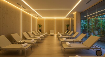 Modern spa relaxation room with lounge chairs and ambient lighting