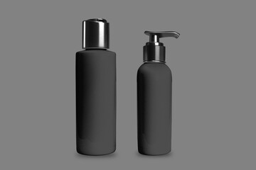 Black plastic cosmetic lotion bottle mock-up with cap. Pump bottle mock up isolated on background. 3d rendering.