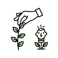 An illustration depicting a hand tending to a plant, symbolizing growth and nurturing, with a person's head sprouting from the ground.