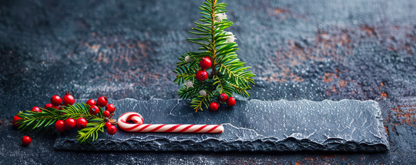 Christmas Card Concept with Tree and Candy Cane on Black Stone Background, Festive Holiday Decor, Minimalist Design, Seasonal Greeting, Winter Celebration, Digital Art for Christmas