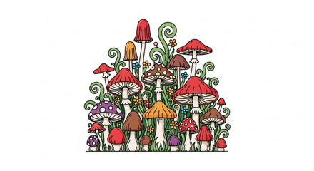 A colorful illustration of various mushrooms growing together, , creating a whimsical and vibrant scene in nature