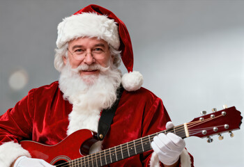 Close-up of Santa Claus playing a red acoustic guitar.