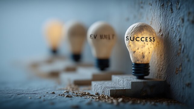 Success light bulb path on blue staircase
