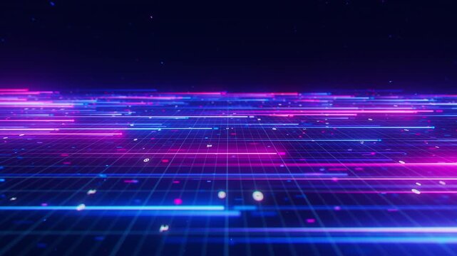 Big data light speed direct flow to right. Abstract digital data stream of quantum computing. Cyberspace of qubit trails. Modern tech information transmission.