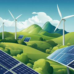 A drawing of a field with three wind turbines and a mountain in the background. Scene is peaceful and serene, with the turbines blending in with the natural landscape